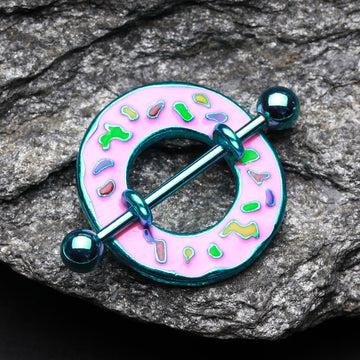 Detail View 1 of Pink Frosted Sprinkled Donut Nipple Shield Ring-Teal/Pink